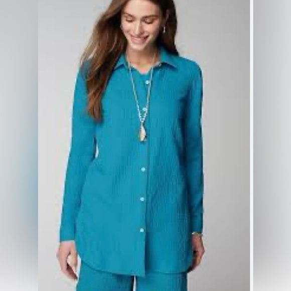 J. Jill Cotton-Gauze Split-Hem Tunic Button Front Shirt Turquoise Blue PS - Picture 2 of 14